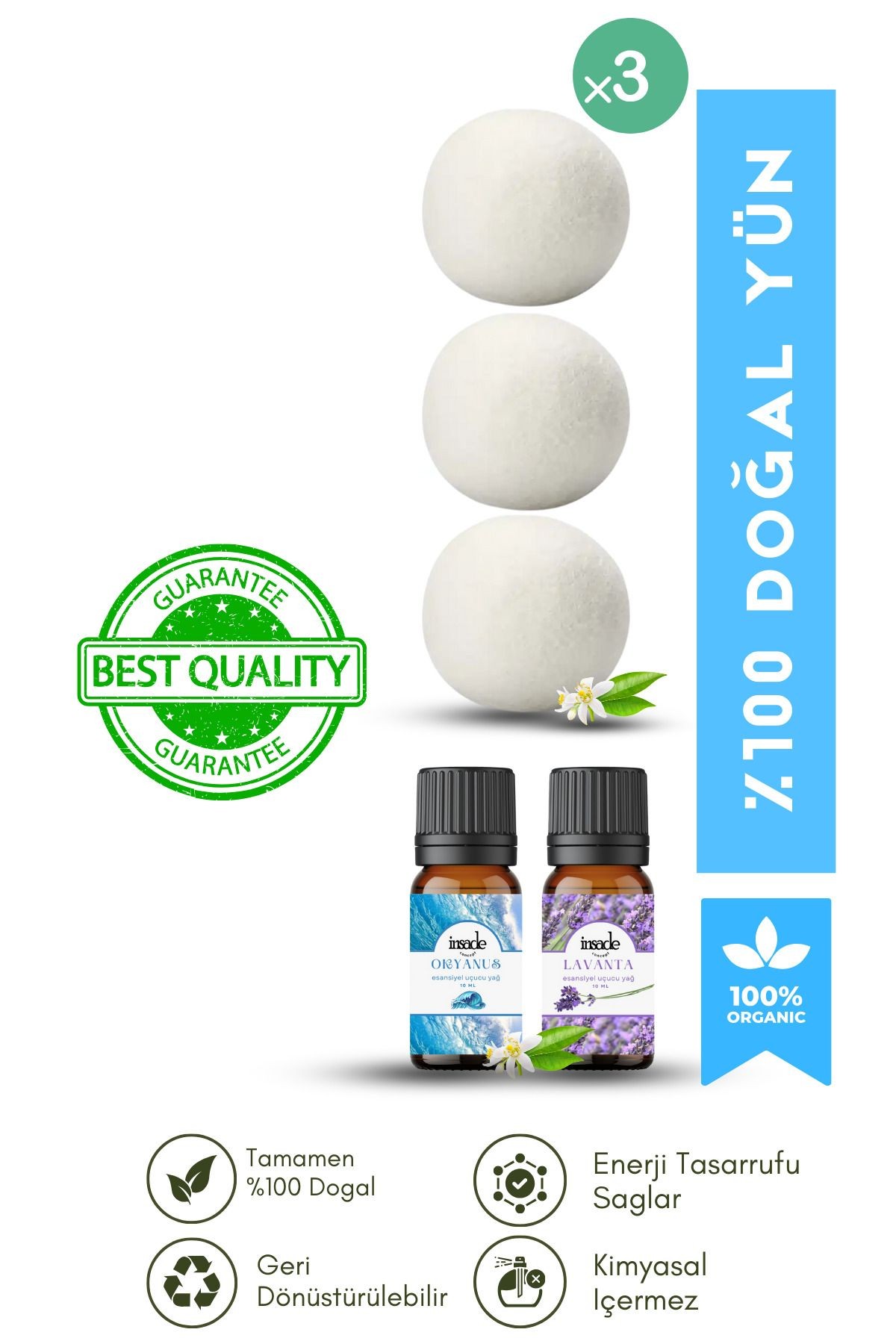 Yün Kurutma Topu ve Koku Seti - Kurutma Makinesi İçin - 3 Adet Top ve 2 Adet Koku - XL